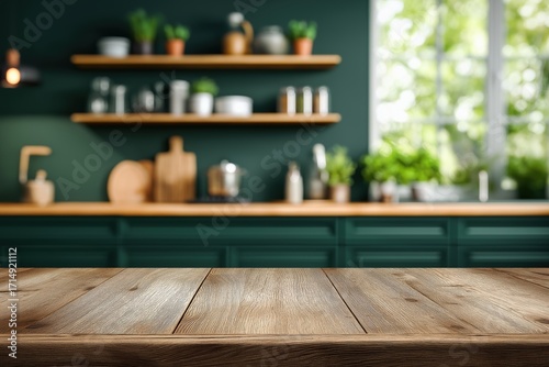 Empty Wooden Table with a Blurred Dark Green Contemporary Kitchen Background