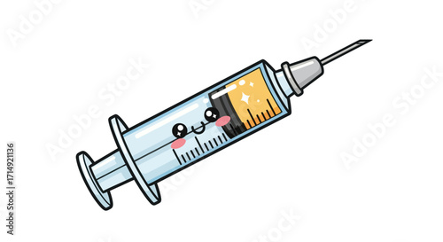 Cute kawaii cartoon syringe with a smiling face and blushing cheeks filled with yellow liquid.