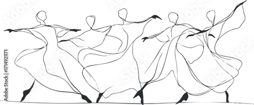 Elegant line art illustration of female dancers in flowing dresses showcasing dynamic movement.