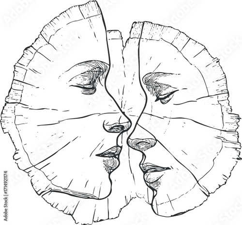 A creative illustration of two faces merging in a wood-like texture conveying emotions.