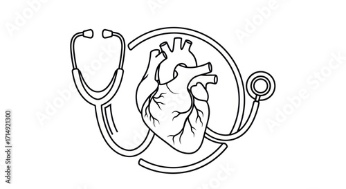 Detailed Black and White Anatomical Heart with Stethoscope.
