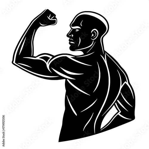 A bold, black silhouette of a muscular man flexing his biceps in a side profile, highlighted with a thin white outline, clean minimalistic design suitable for a gym logo.