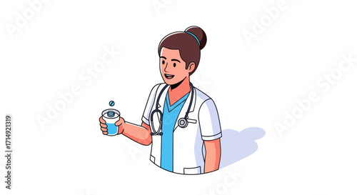 Friendly female doctor cartoon character in a white coat holding a medicine vial.