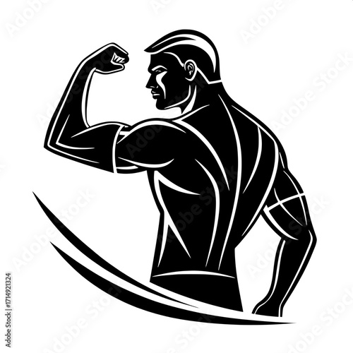 A bold, black silhouette of a muscular man flexing his biceps in a side profile, highlighted with a thin white outline, clean minimalistic design suitable for a gym logo.
