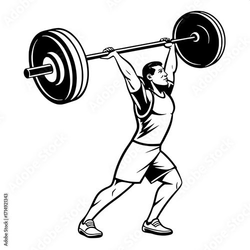 Stylized silhouette of a male athlete lifting a barbell above his head, torso and arms outlined in white against a plain white background, emphasizing strength and power.