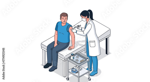 Isometric illustration of a female doctor in a mask giving a vaccine injection to a male patient.