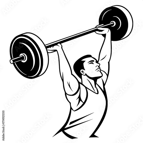 Stylized silhouette of a male athlete lifting a barbell above his head, torso and arms outlined in white against a plain white background, emphasizing strength and power.