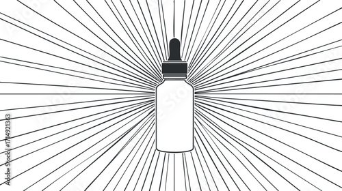 Illustration of a dropper bottle surrounded by radiating lines, representing beauty and wellness products.