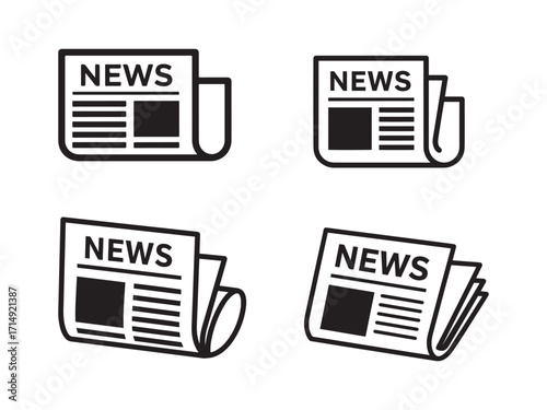 A Collection of Newspaper Icons Depicting Folded News Publications with Black and White Design Showing Headlines and Articles
