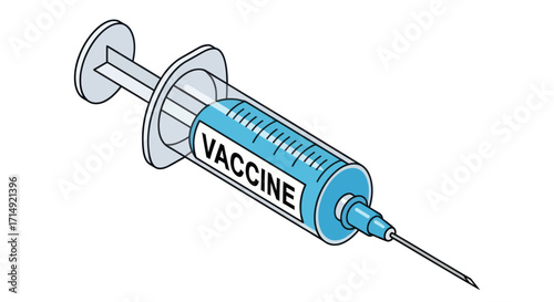Medical syringe filled with blue liquid labeled VACCINE.