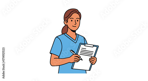 Smiling Female Healthcare Professional in Scrubs Writing on Clipboard.