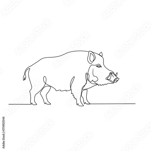 Line art illustration of a wild boar standing proudly with copy space