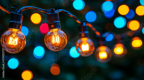 String lights create a warm and colorful atmosphere in a garden