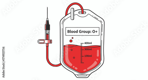 Illustration of Blood Bag with Attached Syringe and O Label.