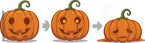 Cartoon illustration of pumpkin jack o lantern transformation from fresh to carved happy face and finally melting sad Halloween pumpkin design