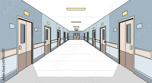 An empty hospital corridor illustration with a long one-point perspective view and multiple doors.