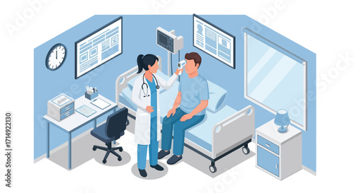 Isometric illustration of a female doctor examining a male patient in a modern hospital room.