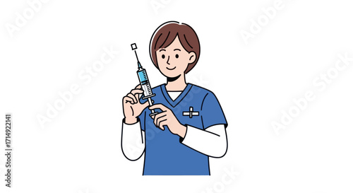 A healthcare professional in blue scrubs holds a syringe filled with green liquid.