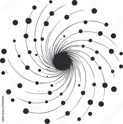 An abstract spiral design featuring concentric circles and dynamic motion elements in black and white.