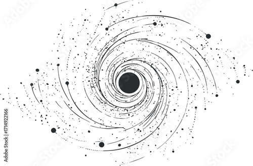 A captivating illustration of a spiral galaxy with a central black hole and surrounding cosmic elements.