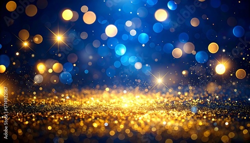 Abstract, glittering background of golden sparkles and bokeh lights against a deep blue backdrop