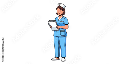 Female Nurse in Blue Scrubs Holding Clipboard Smiling Professionally.