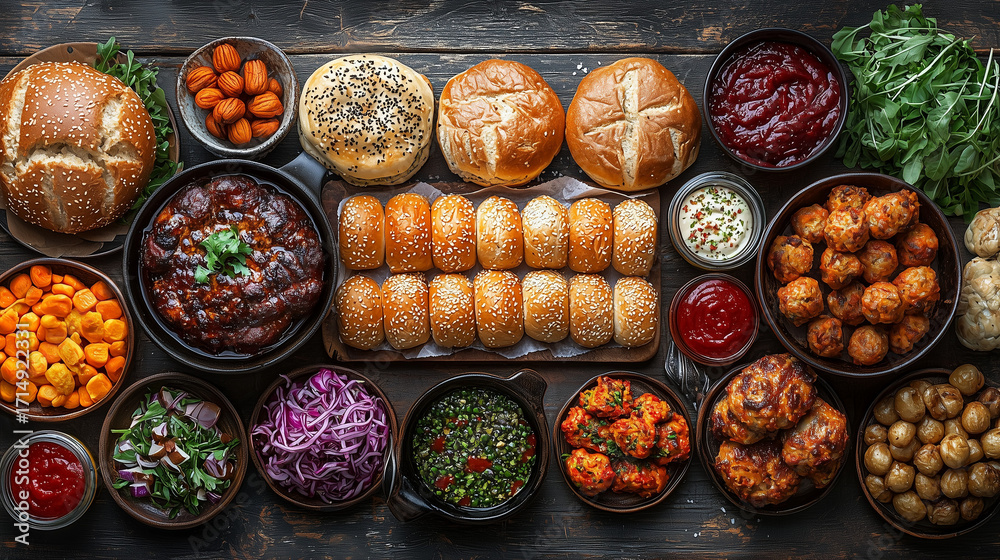 Fototapeta premium Delicious spread of various foods including rolls, meats, vegeta