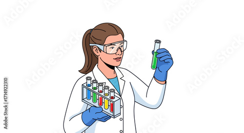 Female scientist in a lab coat and safety goggles holding a rack of colorful test tubes and analyzing a green liquid.
