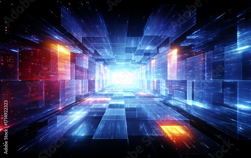 Futuristic digital tunnel with glowing geometric patterns