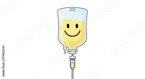 Cheerful IV Drip Bag with Smiley Face and Yellow Fluid.