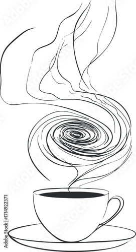 Stylized illustration of a steaming coffee cup with swirling steam in minimalist line art.
