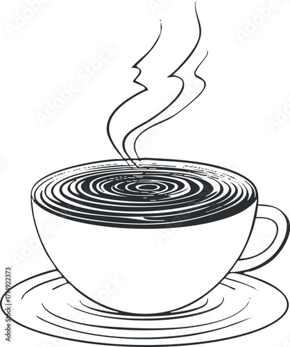 A steaming cup of coffee on a saucer representing warmth and comfort in a minimalist style.