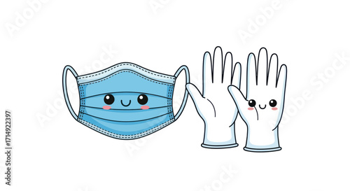 Cartoon Medical Mask and Gloves with Smiling Faces.