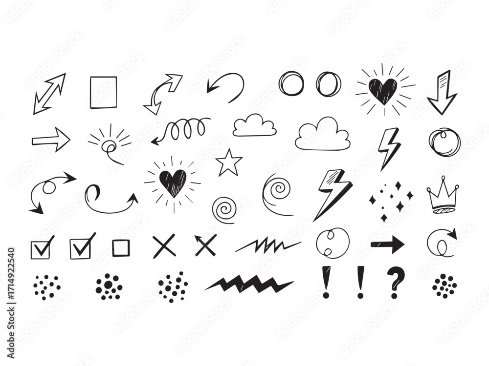 Fototapeta premium Doodle Vector Set Featuring Arrows, Hearts, Clouds, and More Hand Drawn Black and White Sketch Icons
