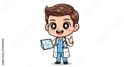 Happy Cartoon Male Doctor Giving Thumbs Up Holding Tablet.