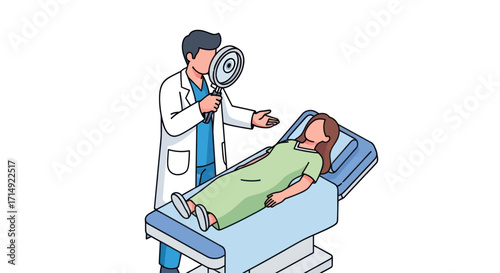 Doctor examining patient lying on examination table with otoscope.
