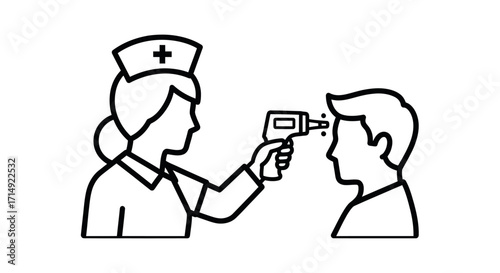 Nurse taking patients temperature with a non-contact infrared thermometer line art.