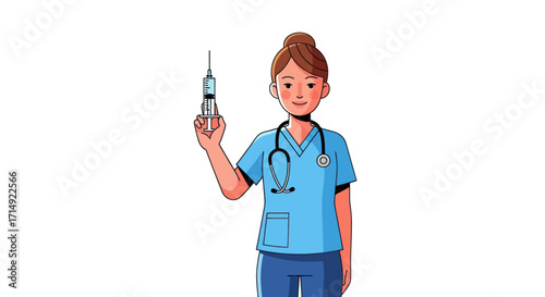 Smiling female nurse in blue scrubs with stethoscope holding a syringe.