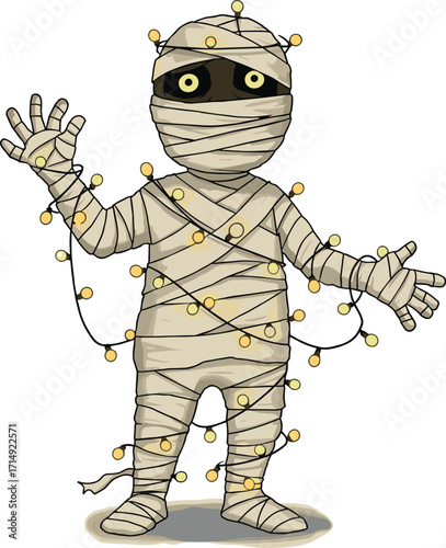 Cute cartoon mummy wrapped in bandages with glowing yellow fairy lights, funny Halloween character illustration for spooky holiday decoration and festive design
