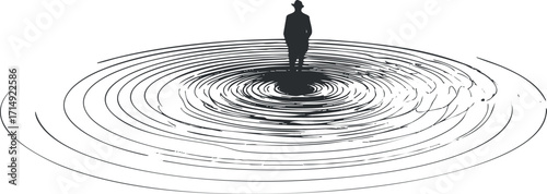 A silhouette of a person standing in the center of rippling water circles representing tranquility and reflection.