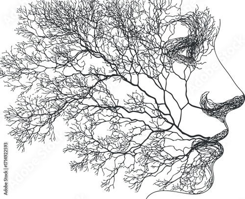 An abstract illustration of a human profile formed by intertwining tree branches and nature elements.