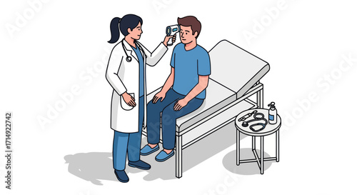 Doctor Examining Patient with Thermometer in Clinic Setting.