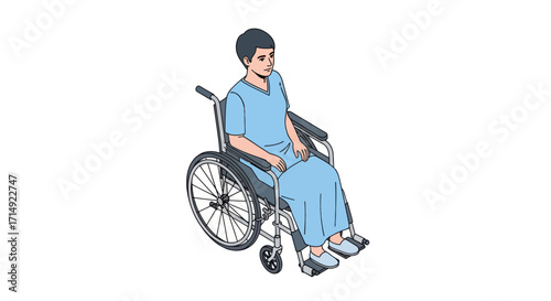 Man in Light Blue Hospital Gown Sitting in Wheelchair.