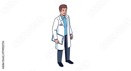 Male Doctor in White Coat Holding Clipboard.