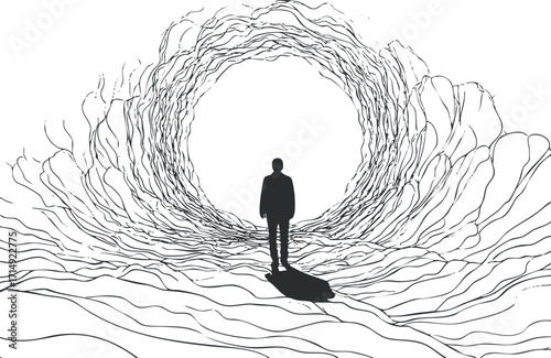A silhouetted figure stands at the center of a swirling abstract design symbolizing a journey.