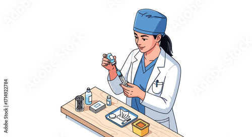 A healthcare worker in a blue cap and white coat prepares an injection drawing red liquid from a vial into a syringe.