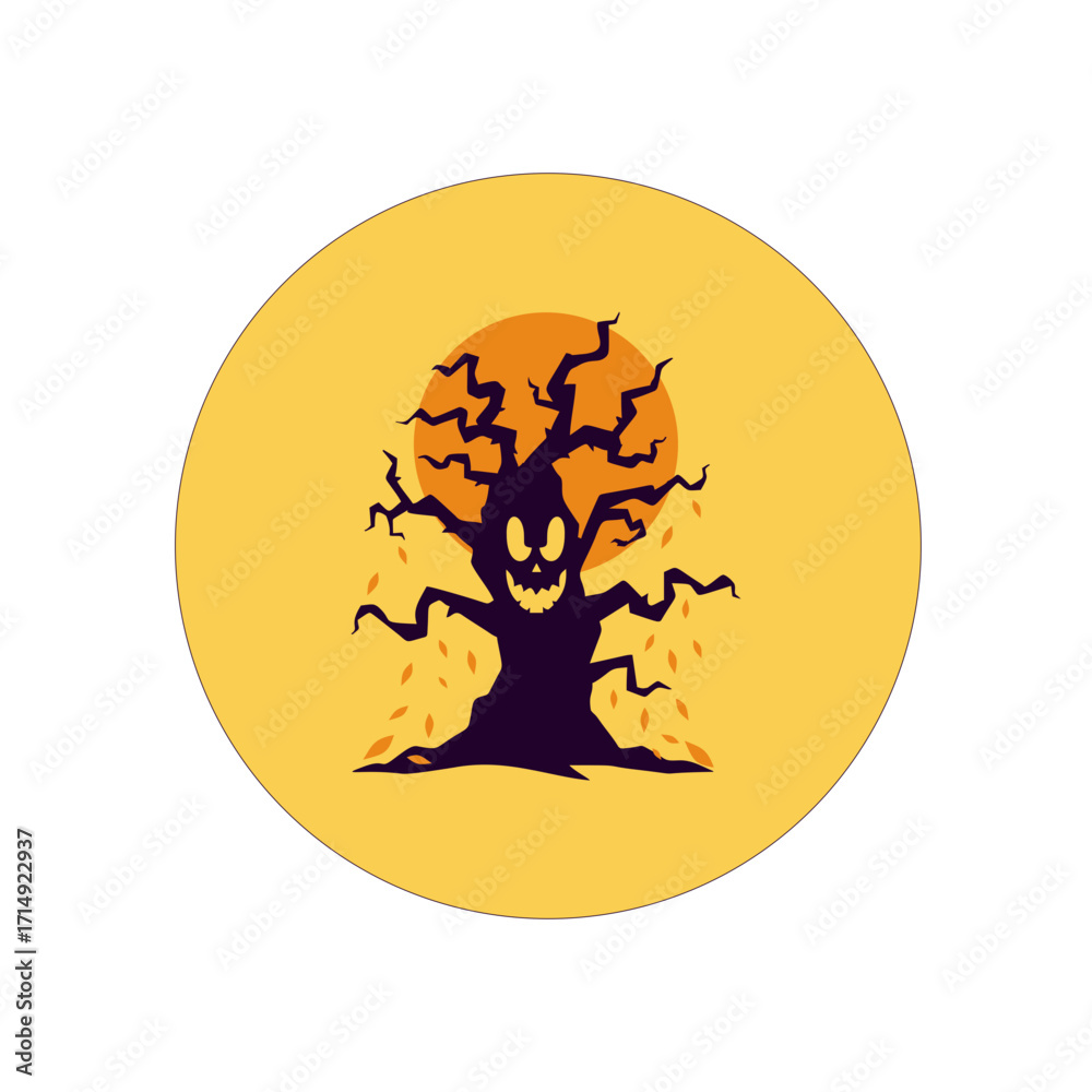 Fototapeta premium Spooky gnarled tree with a smiling face against an orange moon for Halloween concept on a yellow background