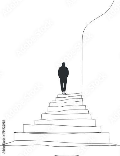 A minimalist illustration of a man climbing a staircase symbolizing personal growth and motivation.