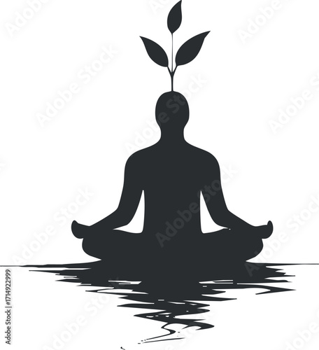 A silhouette of a person meditating with leaves growing, symbolizing growth and tranquility.