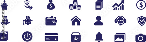 Business and finance icons set. Money, data, wallet, chart, dollar, profile, idea, marketing, bank blue icons silhouette
